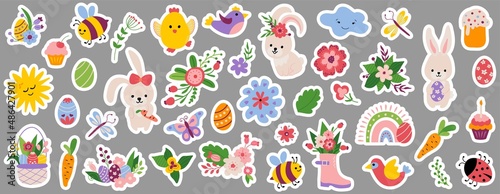 Set of Easter stickers. Spring, flowers, rabbits, bees, butterflies, birds, dragonflies, Easter eggs.