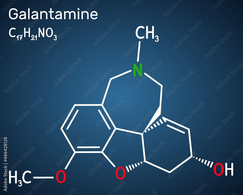 Galantamine molecule. It is tertiary alkaloid, used to trate dementia, Alzheimer's disease. Structural chemical formula on the dark blue background