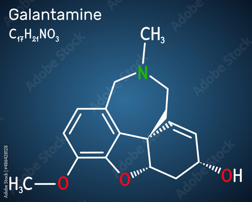 Galantamine molecule. It is tertiary alkaloid, used to trate dementia, Alzheimer's disease. Structural chemical formula on the dark blue background