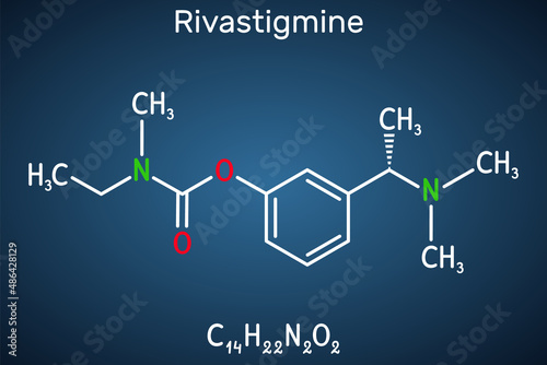 Rivastigmine molecule. It is acetylcholinesterase inhibitor, used for therapy of dementia, Alzheimer disease, Parkinson disease. Structural chemical formula on the dark blue background