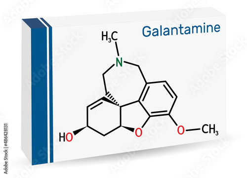 Galantamine molecule. It is tertiary alkaloid, used to trate dementia, Alzheimer's disease. Skeletal chemical formula. Paper packaging for drugs photo