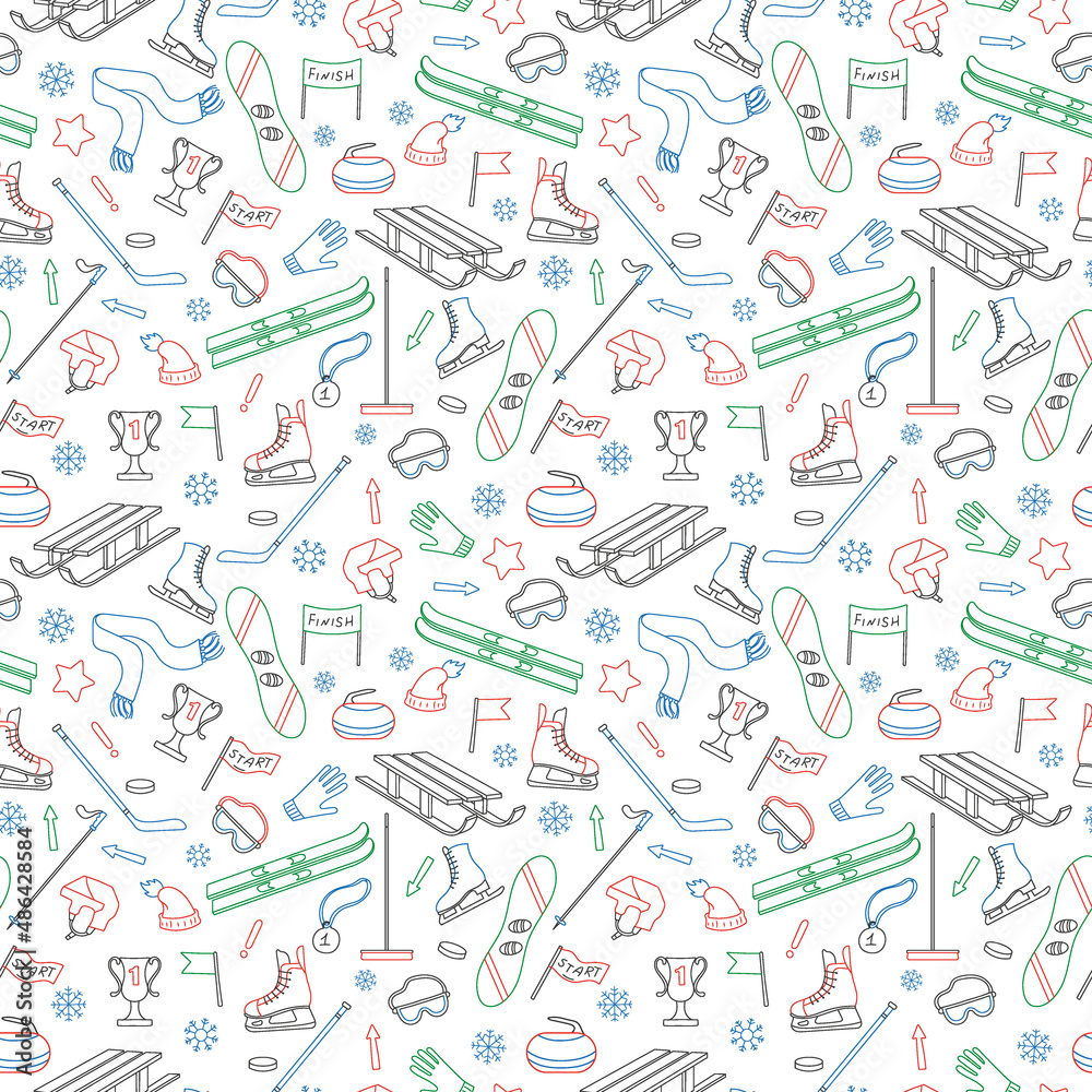 Seamless pattern on the theme of winter sports, simple colored outline on a white background Seamless pattern on the theme of winter sports, simple colored outline on a white background