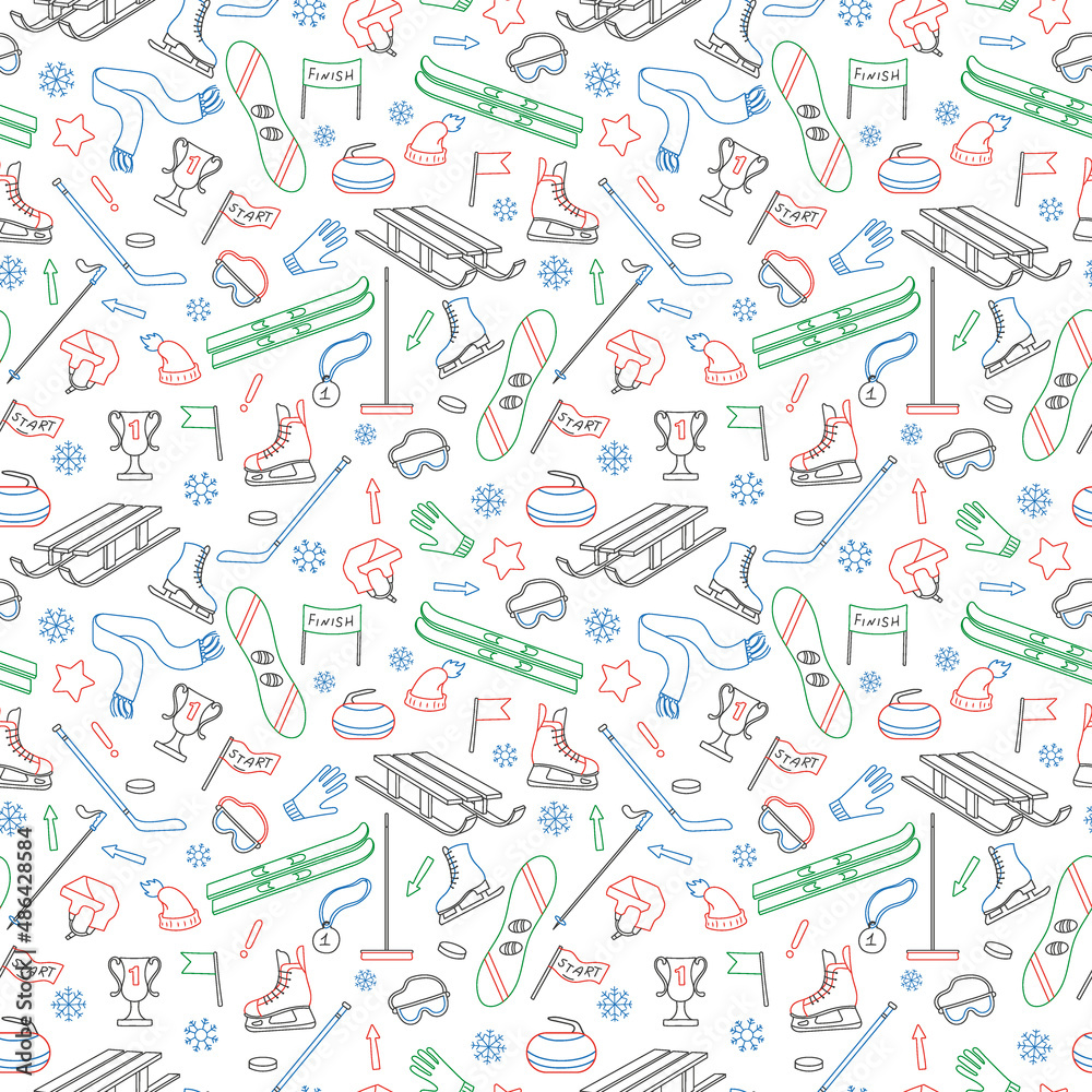 Seamless pattern on the theme of winter sports, simple colored outline on a white background