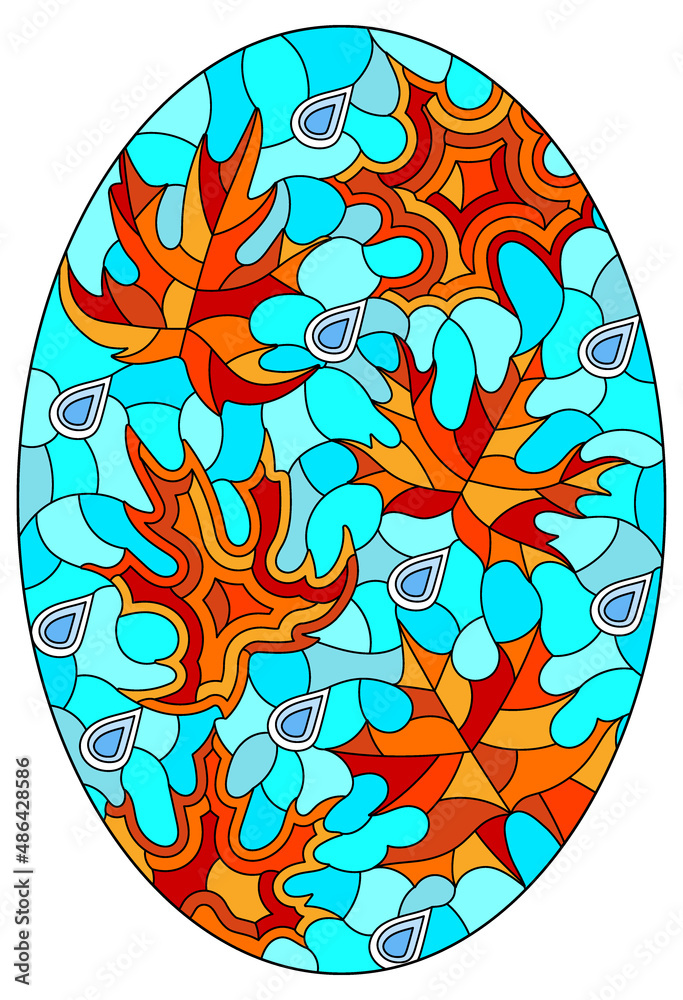 An illustration in the style of a stained glass window with bright maple leaves and raindrops on a blue sky background, oval image An illustration in the style of a stained glass window with bright maple leaves and raindrops on a blue sky background, oval image