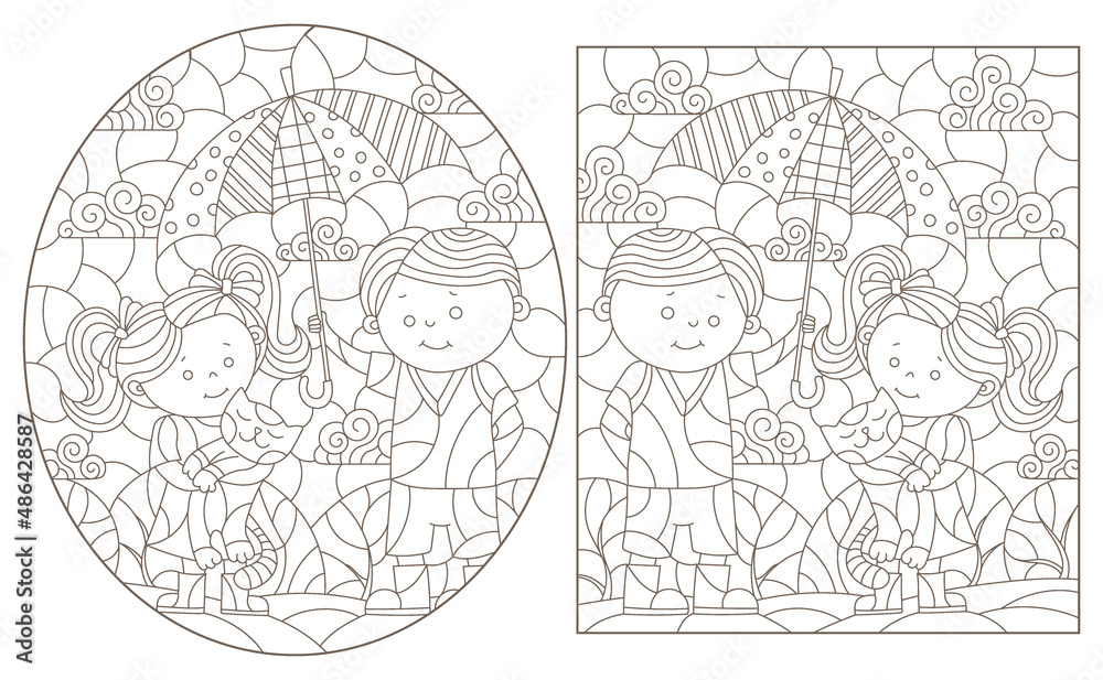 A set of contour illustrations in the style of stained glass with a boy and a girl under an umbrella, dark contours on a white background