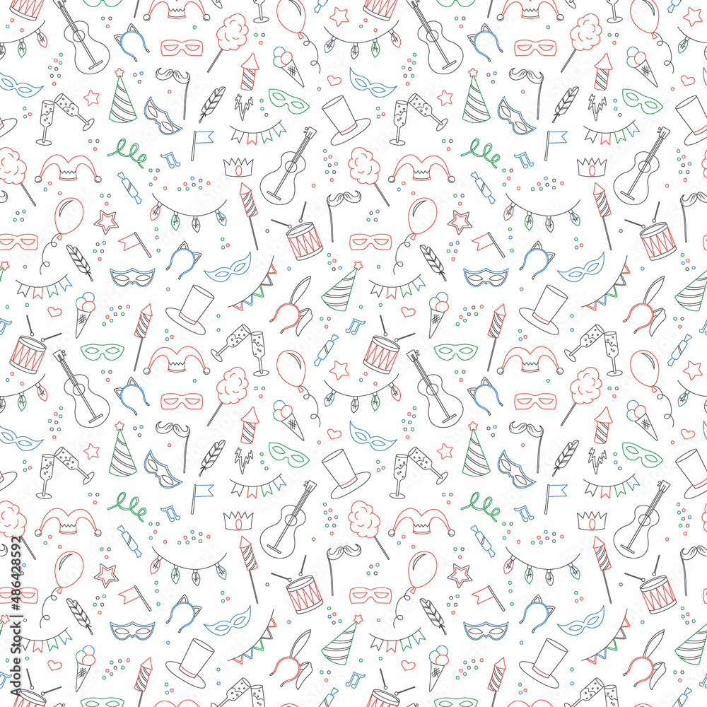 Seamless pattern on the theme of masquerade and carnival , simple colored contour icons on white background Seamless pattern on the theme of masquerade and carnival , simple colored contour icons on white background