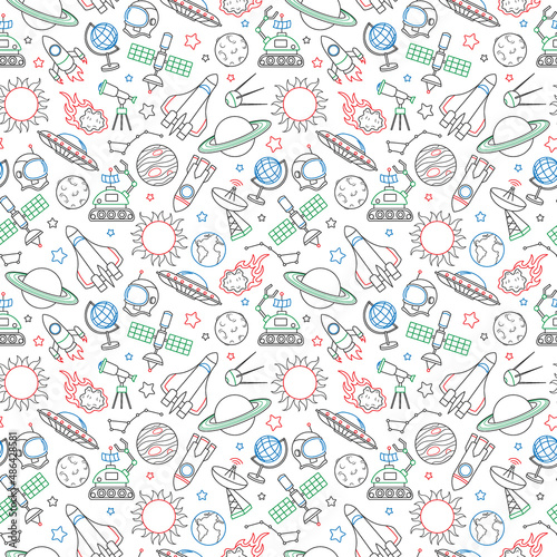 Seamless pattern on the theme of space and space flight, icons drawn with colored marker on white background