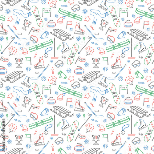 Seamless pattern on the theme of winter sports, simple colored outline on a white background