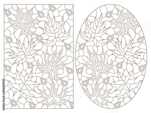 A set of contour illustrations in the style of stained glass with maple leaves and raindrops, dark contours on a white background