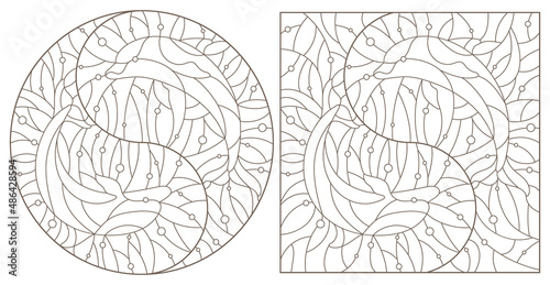 Set of contour illustrations with dolphins,  dark contours on a light background