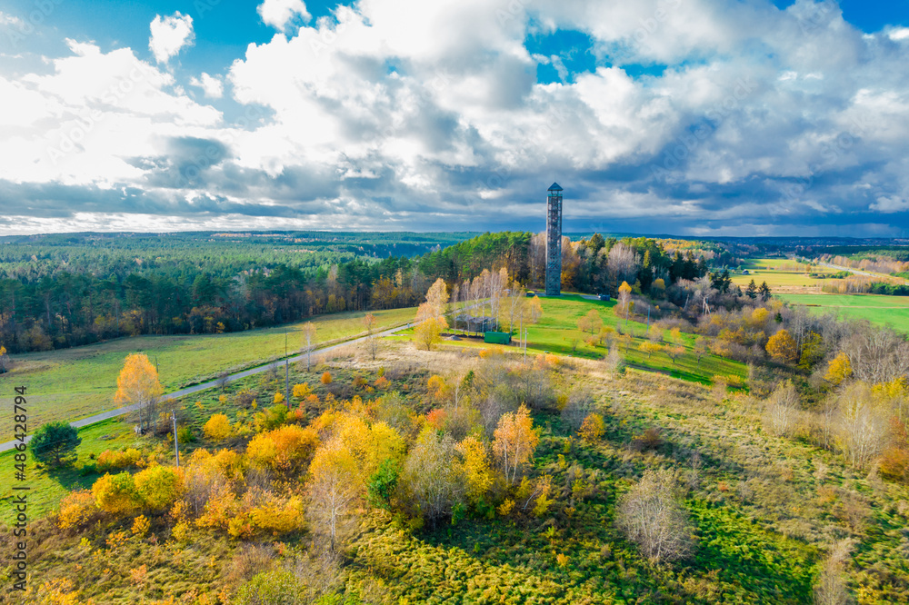 Tallest Lithuanian observation view tower in Birstonas resort in autumn on the shore of Nemunas river