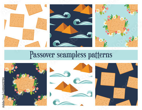 passover seamless pattern set. Jewish holiday . Pesach patterns for templates, invitations and design with matzah, pyramids and spring flowers . vector illustration