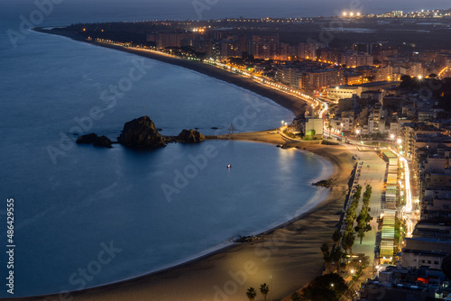 Aerial views of the city of Blanes on the Costa Brava of Gerona Maresme Barcelona European tourist town sunset beach