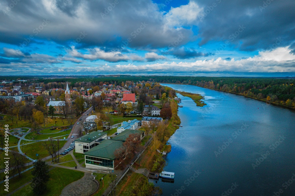 Aerial view of Birstonas city wich is located on the shore of Nemunas river in Lithuania. It's a small SPA resort with natural mineral waters.