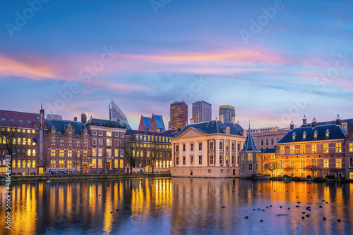 Binnenhof castle (Dutch Parliament) cityscape downtown skyline of  Hague in Netherlands