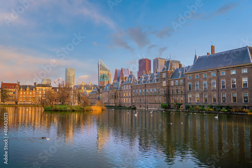 Binnenhof castle (Dutch Parliament) cityscape downtown skyline of Hague in Netherlands