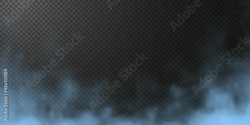 Vector isolated smoke PNG. Blue smoke texture on a transparent black background. Special effect of steam, smoke, fog, clouds.	
