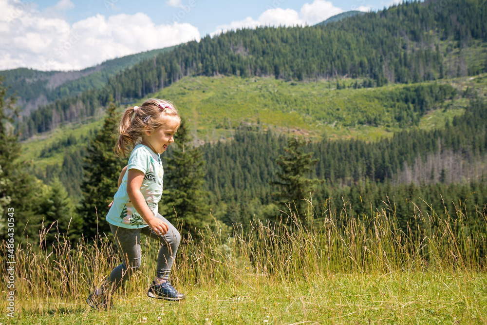 Little girl is relaxing on meadow . Tatra mountains in background. Summer vacation
