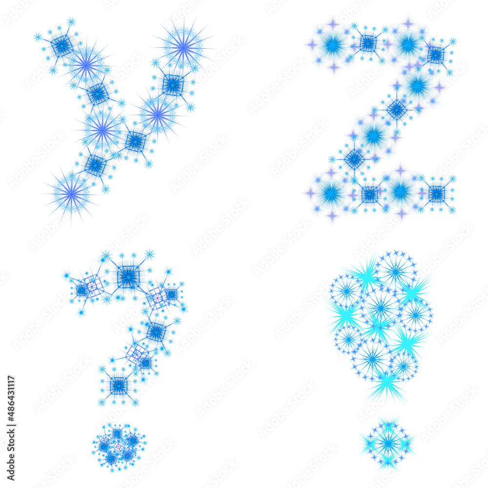 Letters Y, Z, question and exclamation marks made of snowflakes. Winter font design