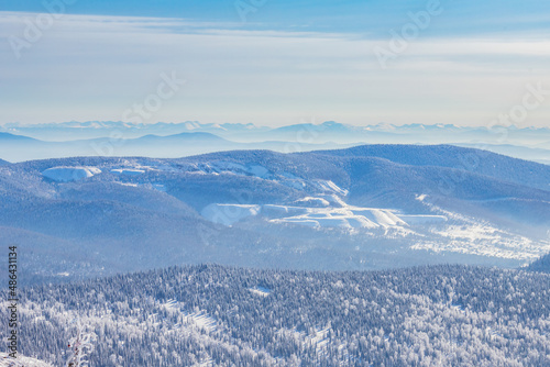 Sheregesh Kemerovo region ski resort in winter, landscape on mountain aerial top view