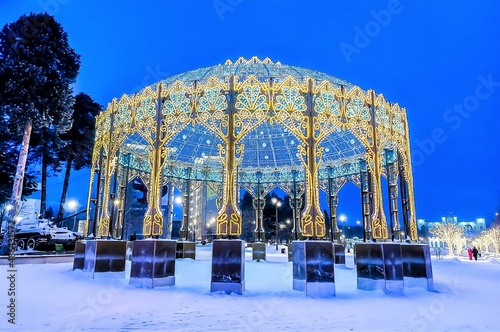 Gazebo decorated with colored light bulbs in Noyabrsk. Yamalo-Nenets Autonomous district, Russia photo