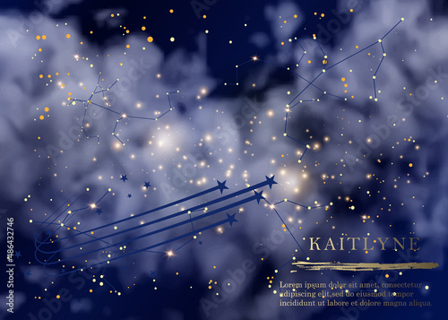 Magic night dark blue sky with sparkling stars vector wedding invitation. Andromeda galaxy. Gold glitter powder splash background. Golden scattered dust.