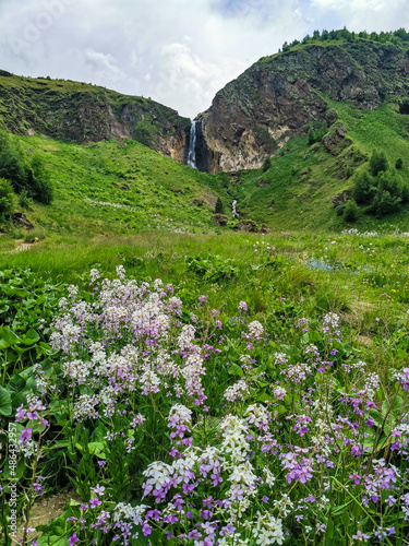 Karakaya-su Waterfall, surrounded by the Caucasus Mountains near Elbrus, Jily-su, Russia