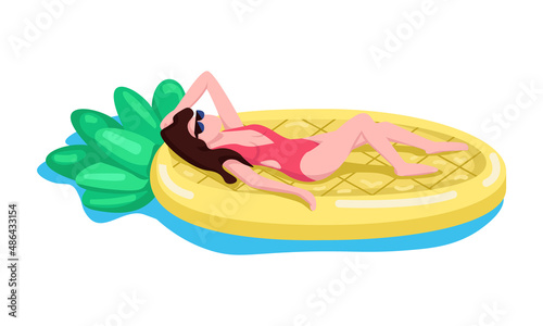 Woman on pineapple air mattress semi flat color vector character. Lying figure. Full body person on white. Pool party simple cartoon style illustration for web graphic design and animation