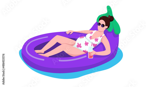 Pregnant woman in aubergine air mattress semi flat color vector character. Lying figure. Full body person on white. Pool activity simple cartoon style illustration for web graphic design and animation
