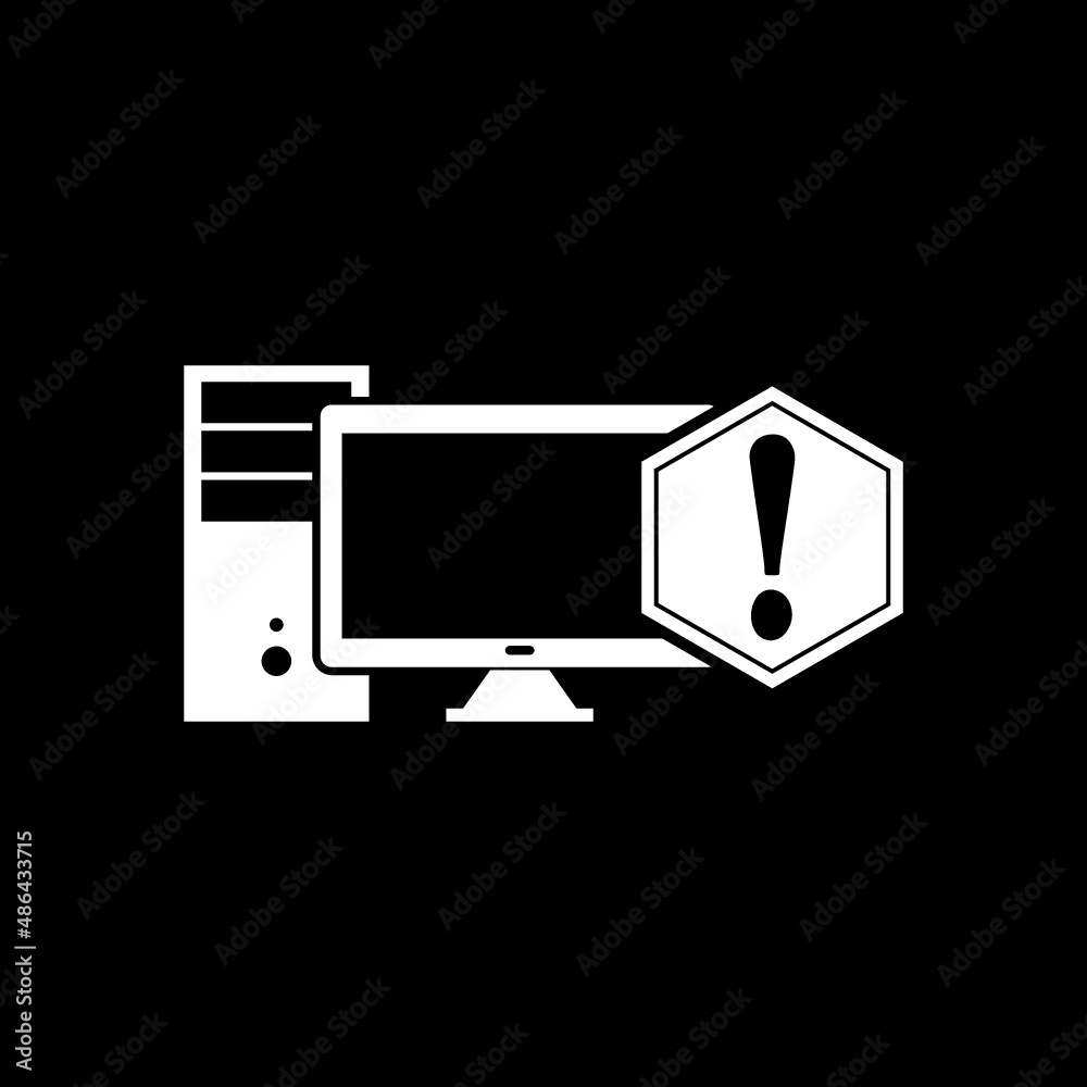 Computer with exclamation mark icon isolated on dark background