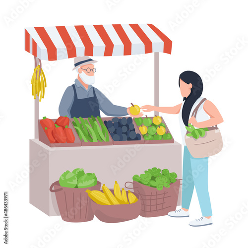 Woman buying fruit semi flat color vector characters. Standing figures. Full body people on white. Greengrocer simple cartoon style illustration for web graphic design and animation