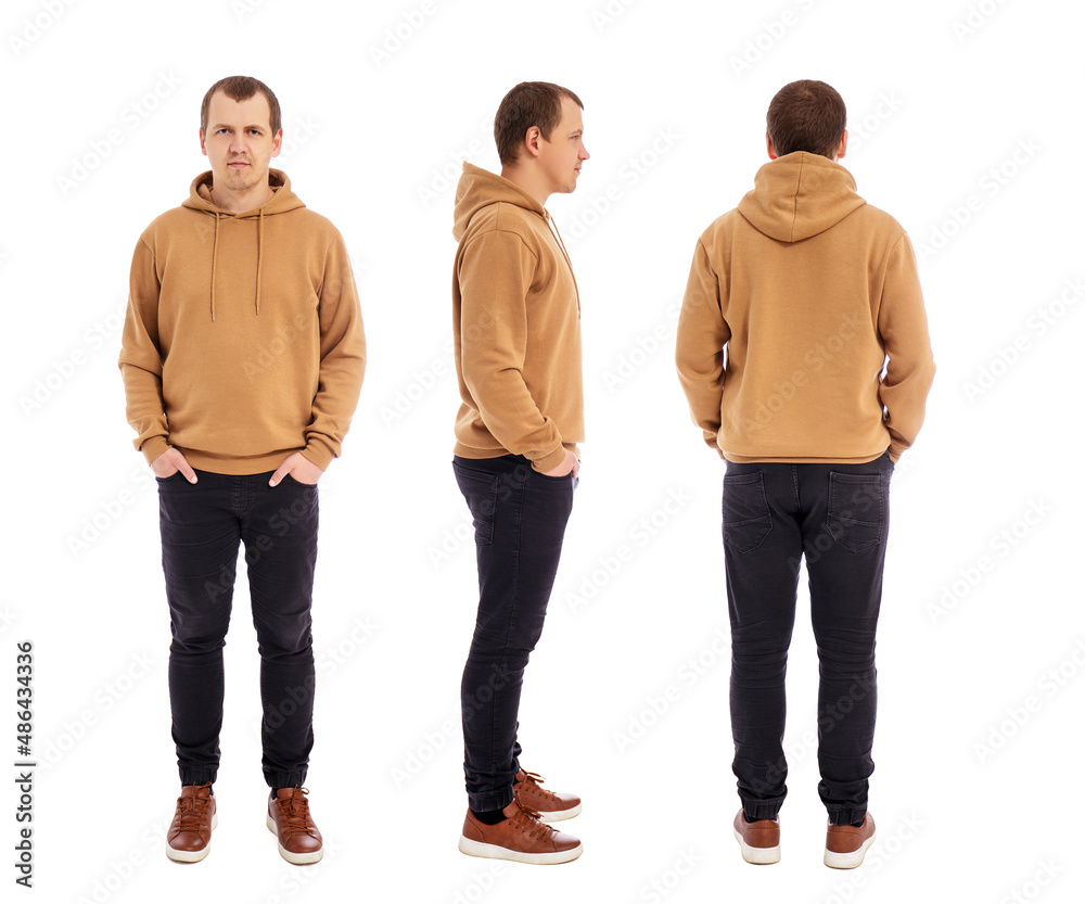 front, side and back view of handsome man in beige hoodie isolated on white front, side and back view of handsome man in beige hoodie isolated on white