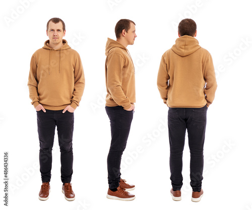 front, side and back view of handsome man in beige hoodie isolated on white