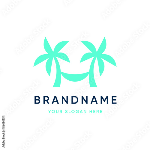 Blue Palm Trees with Hammock, Beach Tropical Outdoor Logo Design Vector
