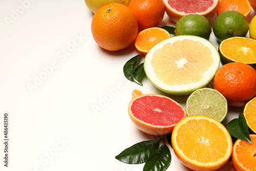 Citrus fruits with leaves on white background