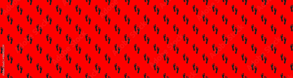 the trace of a man on a red background. black trail. seamless drawing of images of a human footprint on a red background. top view on the trail. Banner for insertion into site. 3d rendering. 3d image.