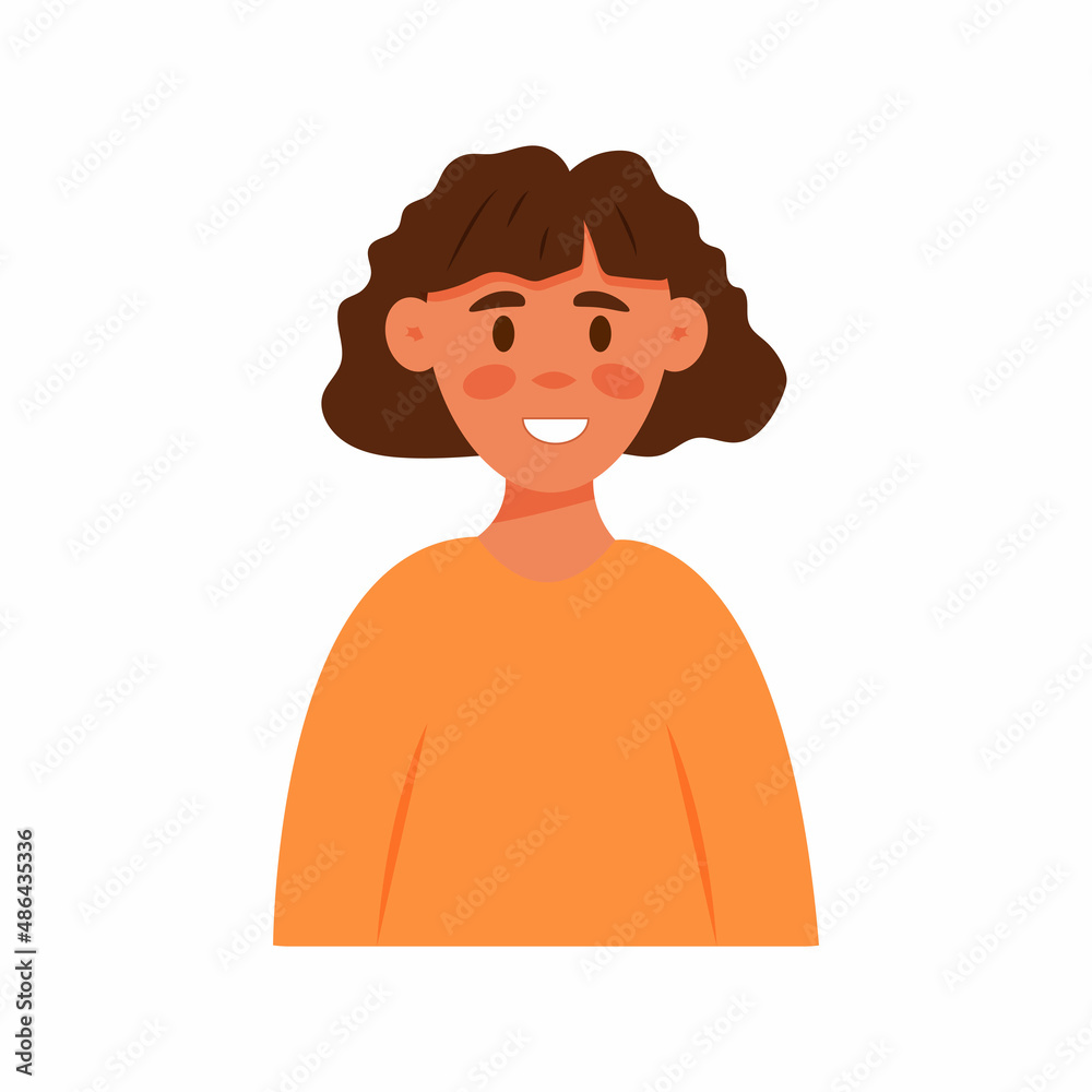 Smiling young woman avatar in flat cartoon style. Vector cute female character. Girl portrait isolated on white background for social media, web, chat
