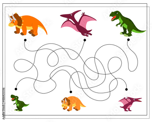 Children's logic game go through the maze. Where's whose baby, dinosaurs. Vector