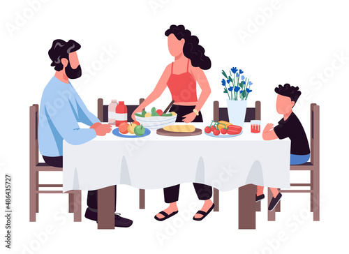 Dinner served semi flat color vector characters. Sitting figures. Full body person on white. Family eating and drinking simple cartoon style illustration for web graphic design and animation