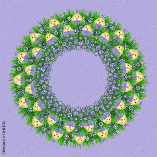 Illustration of cute Easter chick eggs as a wreath with spring blossom flowers and grass on a purple background with space for text.