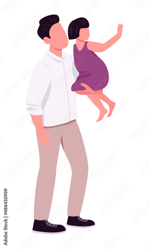 Dad holding daughter semi flat color vector character. Standing figure. Full body person on white. Family leisure simple cartoon style illustration for web graphic design and animation