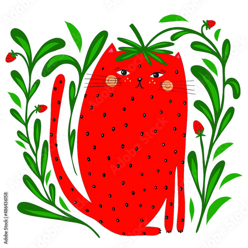 Cute strawberry and flowers for kids print vector illustration. Hand drawn sweet strawberry vector. Cute cat in a funny strawberry costume, isolated on a white background. It can be used for sticker, 