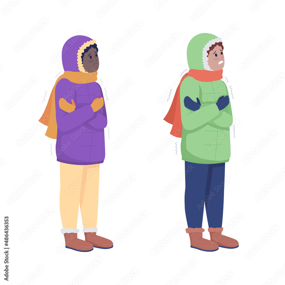 Kids shaking from cold semi flat color vector character set. Standing figure. Full body people on white. Freeze isolated modern cartoon style illustration for graphic design and animation collection