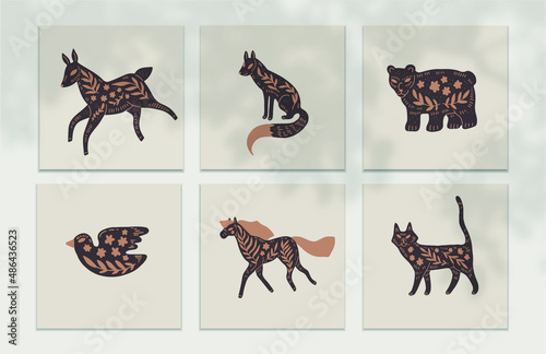 scandinavian forest vector illustration set simple doodles with nature theme and wild animals. deer horse fox bear , mushrooms and plants simple flat design. scandi artwork, cute drawings for kids