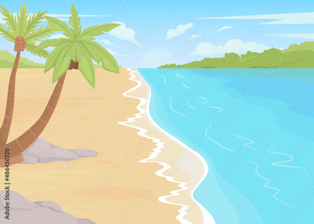 Tropical vacation flat color vector illustration. Seaside retreat. Summer destination. Outdoor entertaining area. Beach resort 2D simple cartoon landscape with palm trees on background