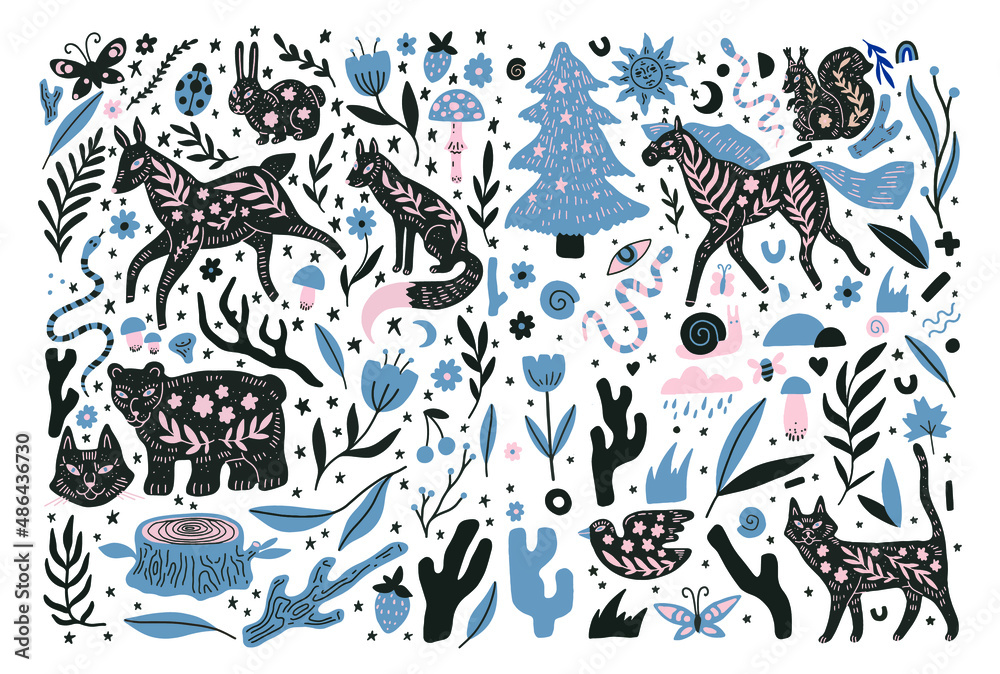 scandinavian forest vector illustration set simple doodles with nature theme and wild animals. deer horse fox bear , mushrooms and plants simple flat design. scandi artwork, cute drawings for kids scandinavian forest vector illustration set simple doodles with nature theme and wild animals. deer horse fox bear , mushrooms and plants simple flat design. scandi artwork, cute drawings for kids
