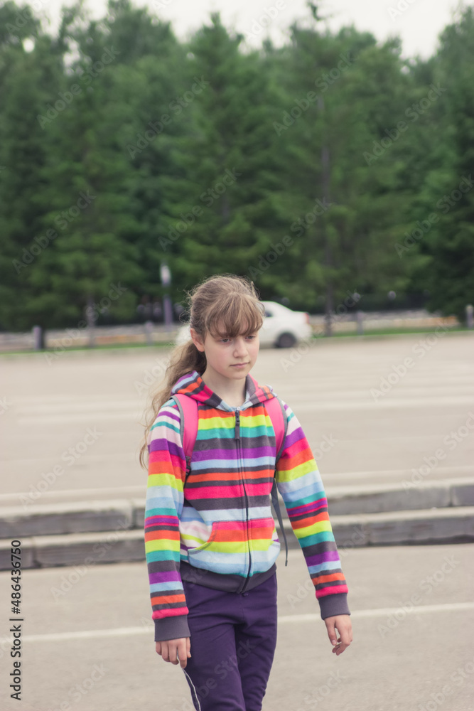 Beautiful girl striped hoodie portrait summer outdoor