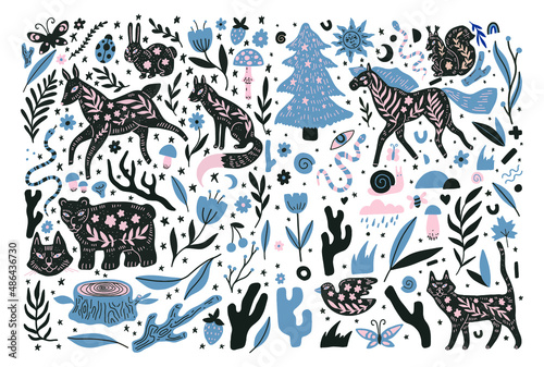 scandinavian forest vector illustration set simple doodles with nature theme and wild animals. deer horse fox bear , mushrooms and plants simple flat design. scandi artwork, cute drawings for kids