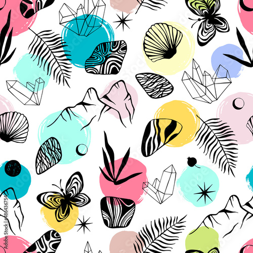 Seamless pattern with occult objects. Nature background.