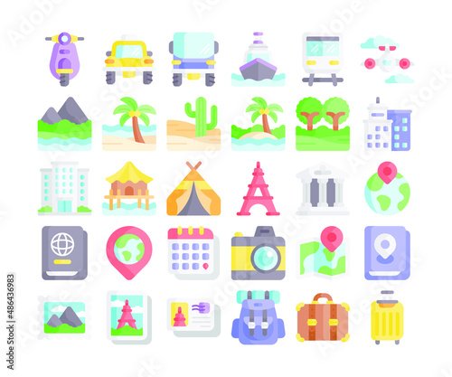 Simple set of 30 travel icons in detailed flat style